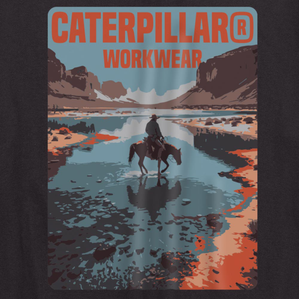 detail CATERPILLAR Cowboy čierne pánske tričko, pohodlné, moderné, krásna potlač CAT