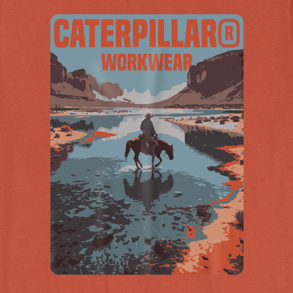 detail CATERPILLAR Cowboy červené pánske tričko, pohodlné, moderné, krásna potlač CAT