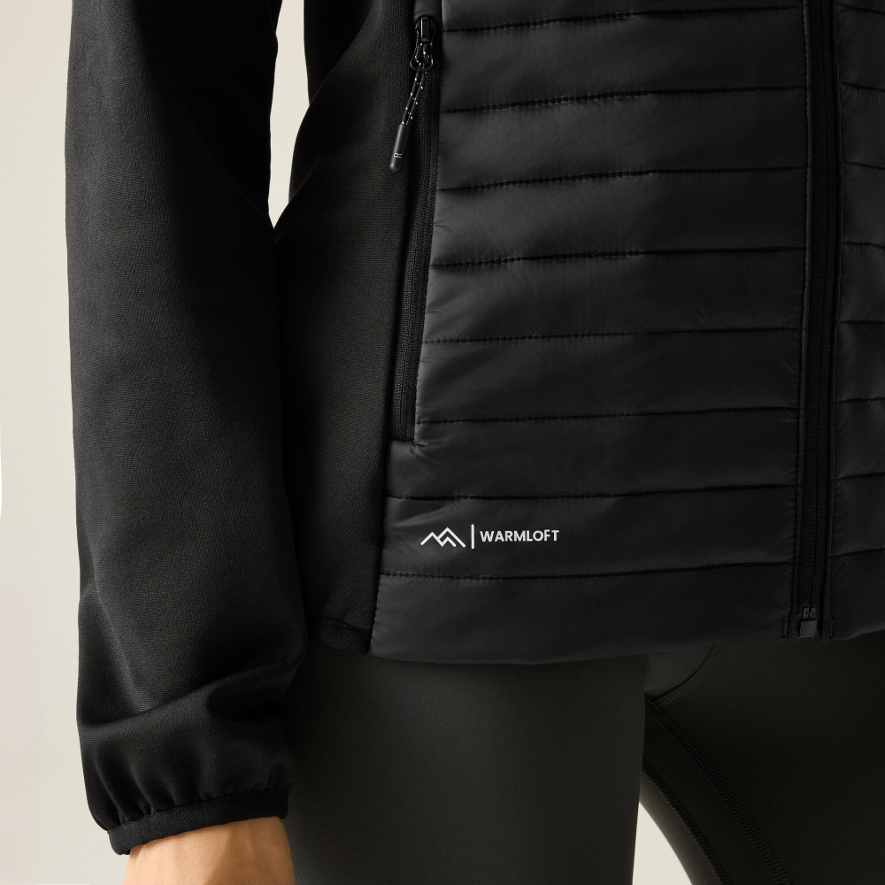 detail REGATTA Clumber Hybrid čierna dámska outdoorová bunda, pohodlná a celoročná