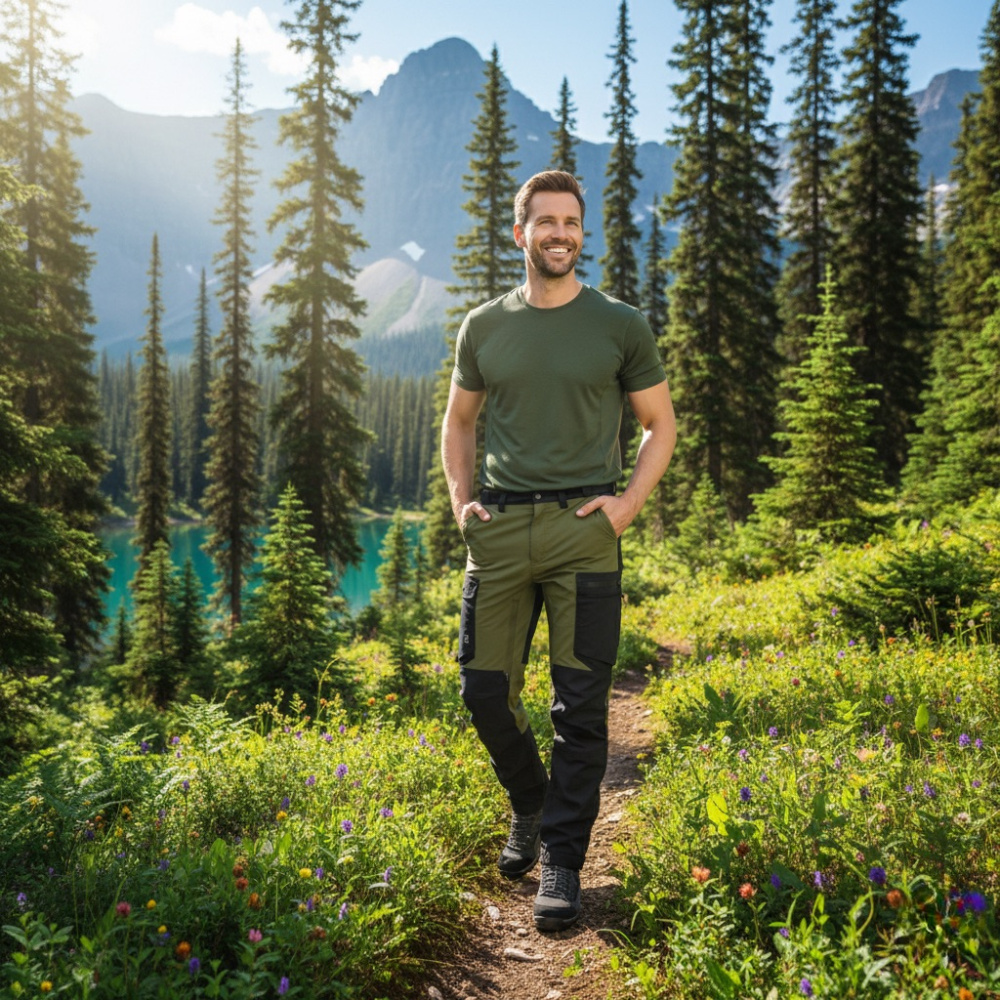 detail Asoto Abisko pánske outdoor nohavice pohodlné olivové DWR vodoodpudivé Stretch