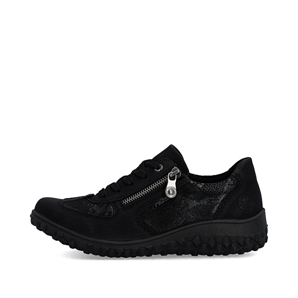 detail RIEKER 59501-00 čierne dámske moderné a pohodlné poltopánky so vzorom