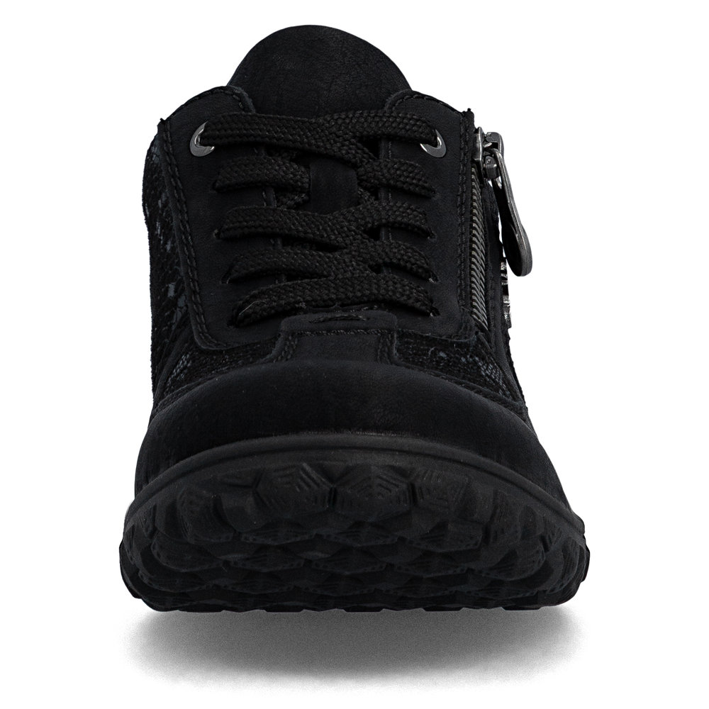 detail RIEKER 59501-00 čierne dámske moderné a pohodlné poltopánky so vzorom