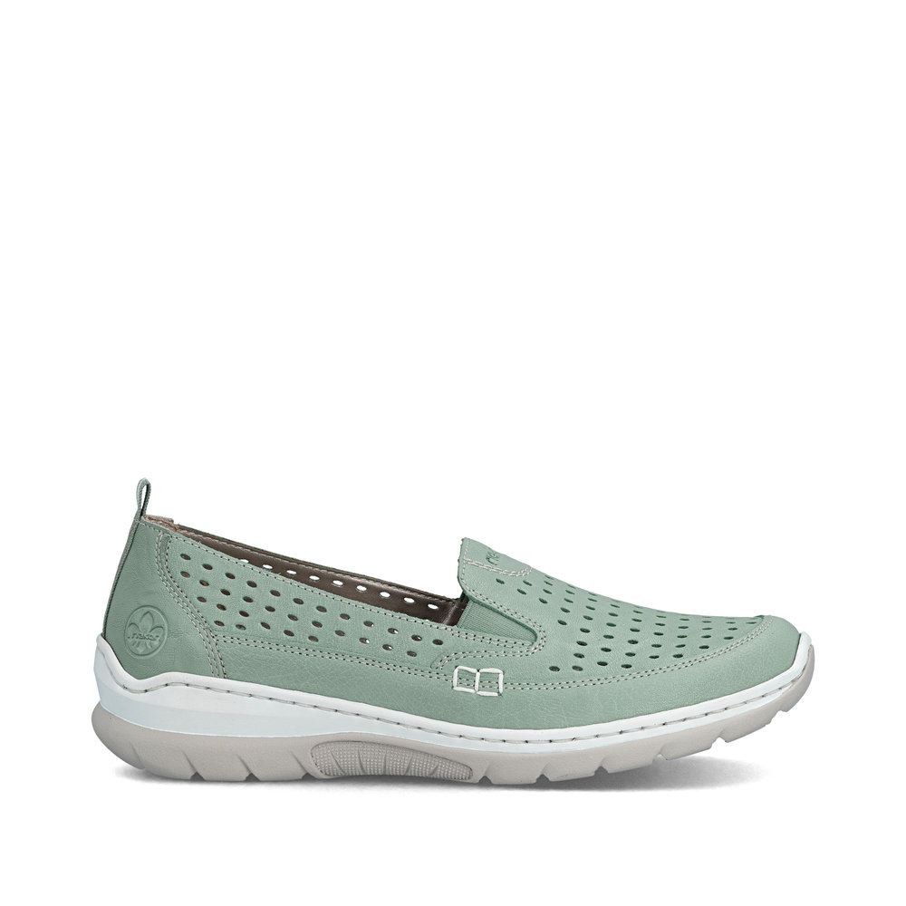 detail RIEKER L32F4-52 zelené dámske kožené letné mokasíny s podrážkou Antistress