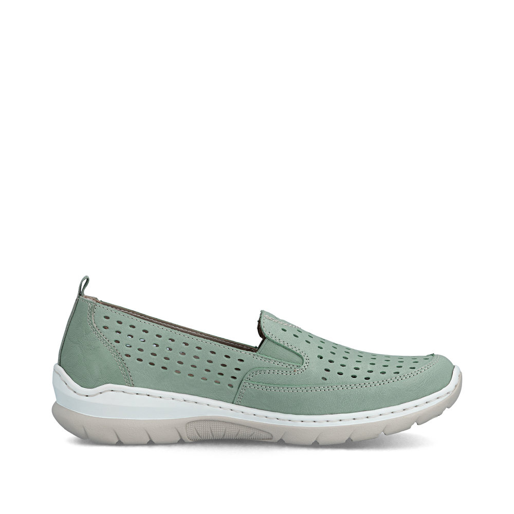 detail RIEKER L32F4-52 zelené dámske kožené letné mokasíny s podrážkou Antistress