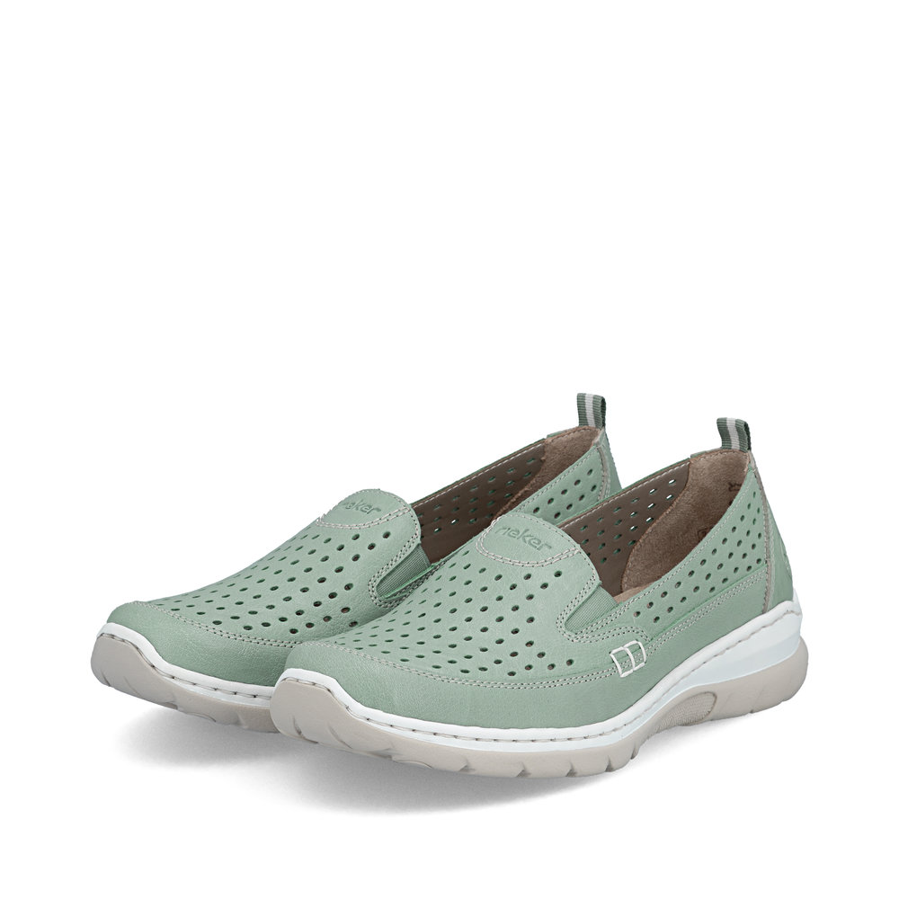 detail RIEKER L32F4-52 zelené dámske kožené letné mokasíny s podrážkou Antistress